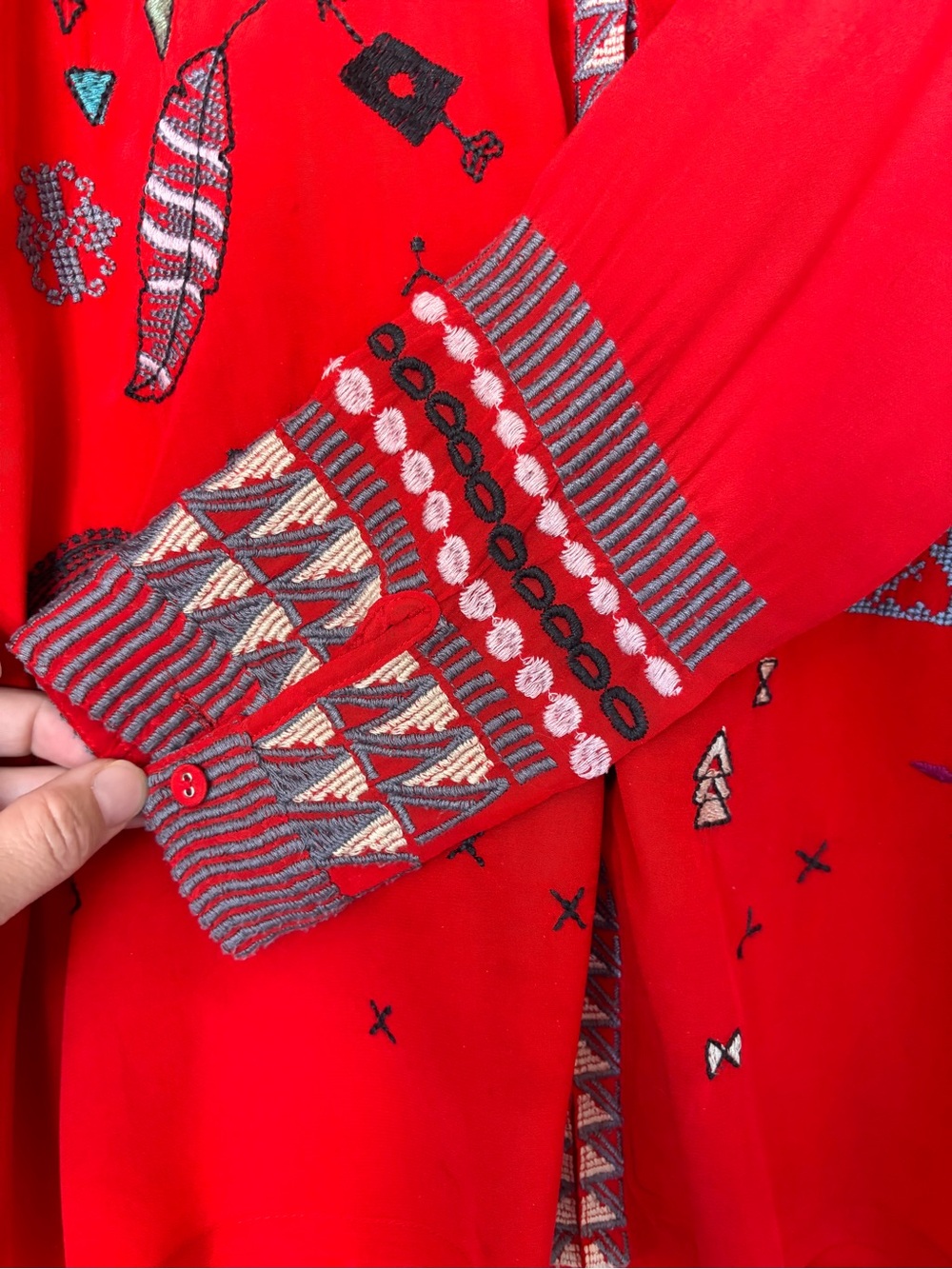 Johnny Was Byia Silk Button-Down Tunic Red women’s small oversized embroidered - Picture 7 of 12